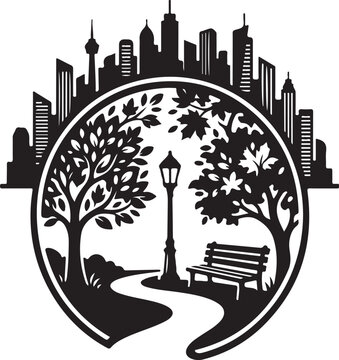 Urban park silhouette vector, city skyline with trees and park bench, black and white metropolitan garden landscape illustration