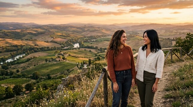 Tuscan Serenity: Two women stroll hand-in-hand along a scenic overlook in Tuscany, Italy, admiring the breathtaking rolling hills and golden sunset. A moment of shared connection and travel bliss.