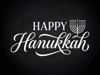 Obraz premium Happy hanukkah hand lettering typography with a menorah icon on a black chalkboard background for holiday greeting cards and festive designs