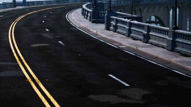 The view shows a curved road on a bridge with yellow lines. The surface is dark and wet, and the surroundings consist of a city backdrop. No cars are present on the road.