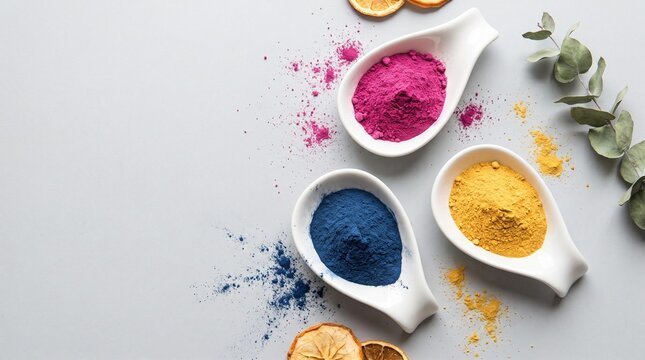 Natural vibrant dehydrated superfood powders including pitaya, mango and blue spirulina