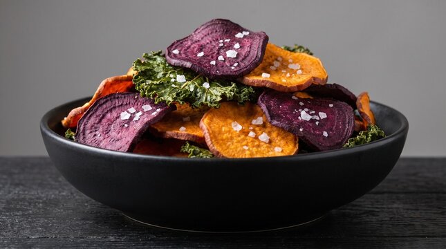 Dehydrated vegetable chips with beetroot, sweet potato, and crispy kale in black bowl