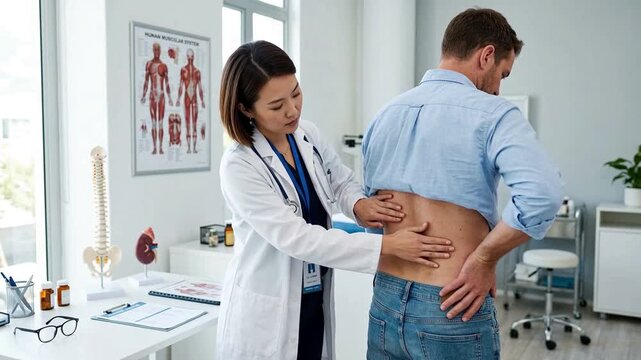 Female doctor examining lower back of young man patient with back pain in clinic