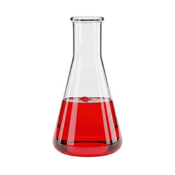 A clear glass erlenmeyer flask containing a vibrant red chemical liquid solution isolated against a solid white background for scientific research purposes