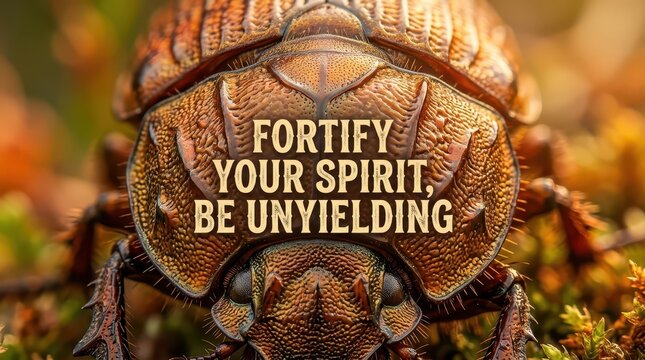 Macro photo of a large beetle with the motivational quote "Fortify Your Spirit, Be Unyielding" superimposed on its shell, inspiring resilience and str