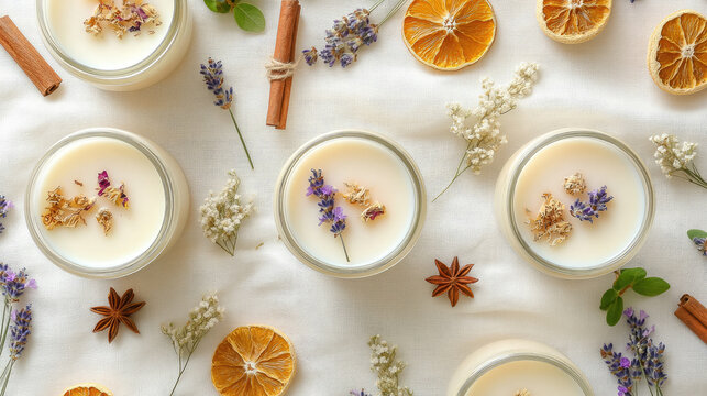 Handmade soy candles with dried flowers in glass jars arranged on white linen with botanical elements and natural lighting, flat lay photography