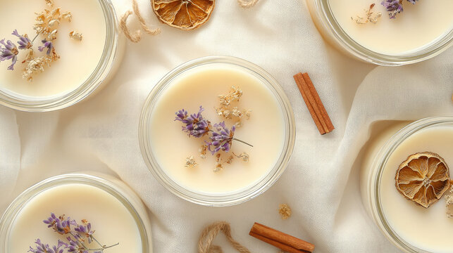 Handmade soy candles with dried flowers in glass jars arranged on white linen with botanical elements and natural lighting, flat lay photography