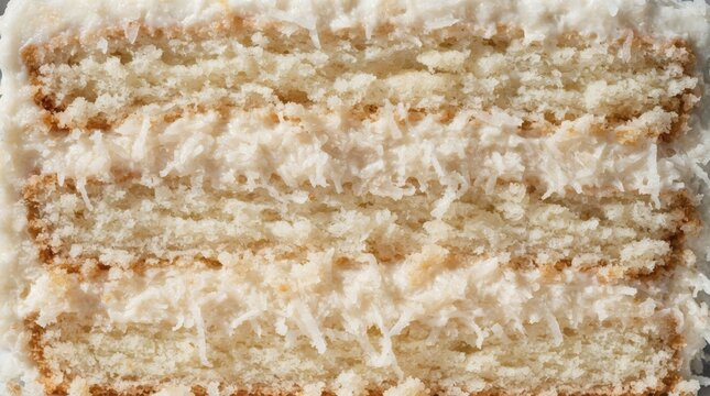 Close-up of Moist Coconut Layer Cake Slice with Cream Frosting