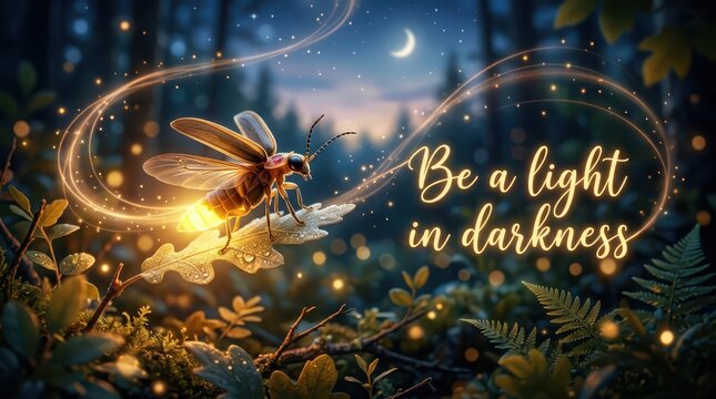 Magical firefly illuminating a dark forest at night with glowing trails and a crescent moon, inspiring hope