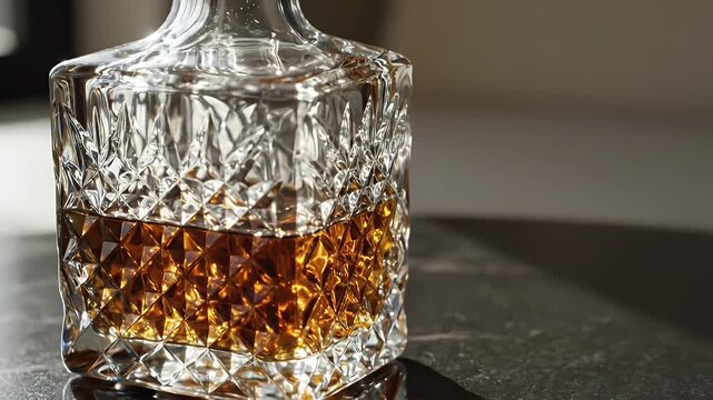 Close-up of a crystal-cut whiskey tumbler with amber liquid resting on polished marble surface