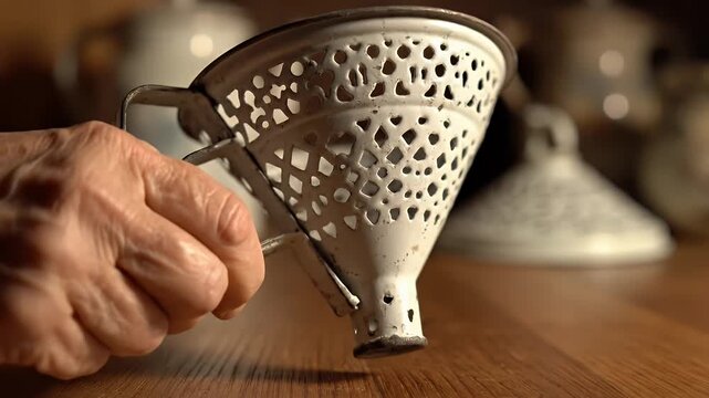 Close-up of a small perforated metal pour-over coffee dripper being held over a wooden surface