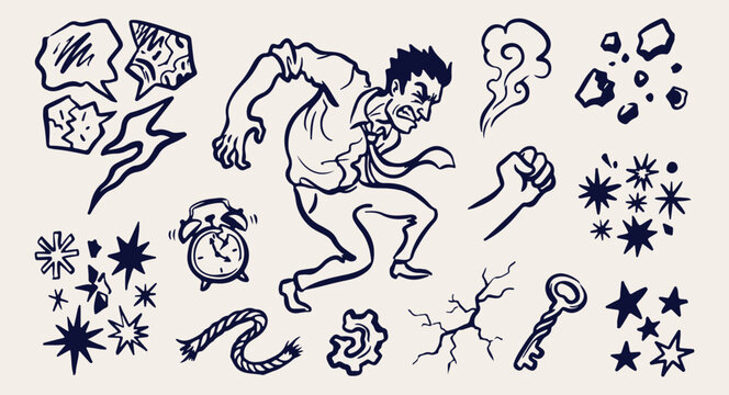 angry stressed man daily routine line vector pattern, frantic businessman rush doodle background, stress pressure linear illustration graphic set, drawn alarm clock panic outline seamless texture, wor