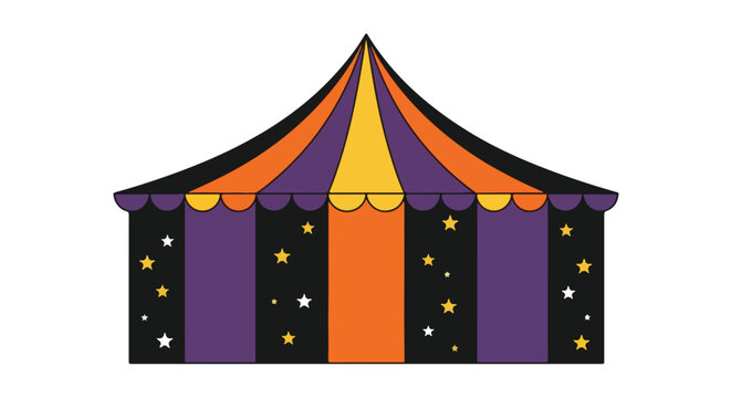 A colorful circus tent illustration with stars in black purple and orange.