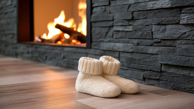Cozy knitted wool slippers on wooden floor beside a warm burning fireplace in a modern home interior