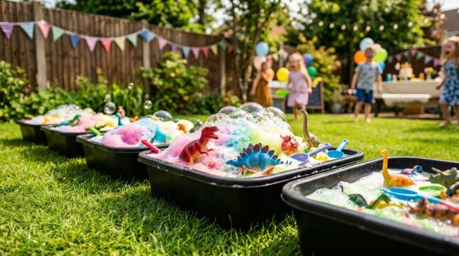 A vibrant kindergarten outdoor sensory play activity features black plastic tubs filled with colorful soapy foam and toy dinosaurs on the lawn while children play in the sunny background