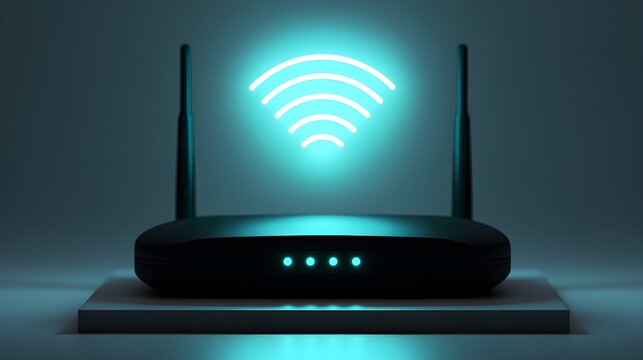 Wireless Wi-Fi router emitting glowing blue signal icon, high speed internet hardware equipment, modern network device concept