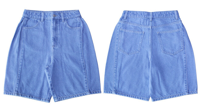 Ladies Denim Jeans Shorts Classic dark blue denim skirt with front and back perspective isolated on a white background for apparel and clothing store marketing