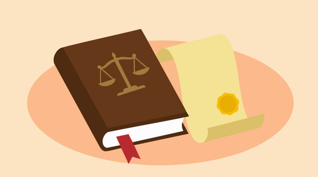 Law book with scales of justice symbol and official scroll illustration