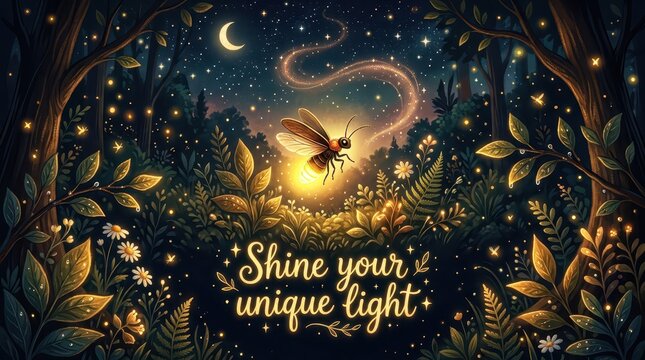 Magical forest at night with a glowing firefly and celestial moon, inspiring quote 'Shine your unique light'