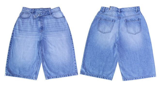Ladies Denim Jeans Shorts Light blue denim shorts featuring front and back views isolated on a clean white background for fashion apparel and retail catalog showcase