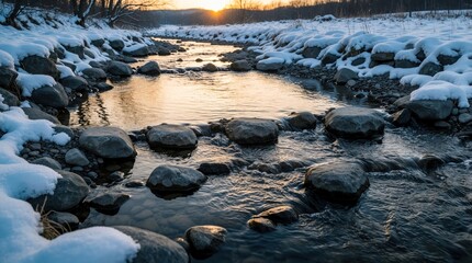 Obraz premium Tranquil brook flows through snow covered stones in winter landscape. Clear river water ripples around rocks at sunset. Cold stream moves through icy mountain scenery during golden hour. Peaceful
