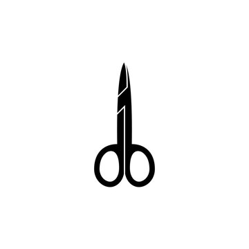 This is a minimalist vector illustration of a Iris Scissor icon, featuring a simple, clean, and solid glyph style. The icon can be used as a symbol, sign, or logo.