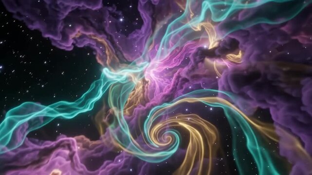 Cinematic flythrough of a vibrant purple and pink cosmic nebula with glowing stars in deep space.