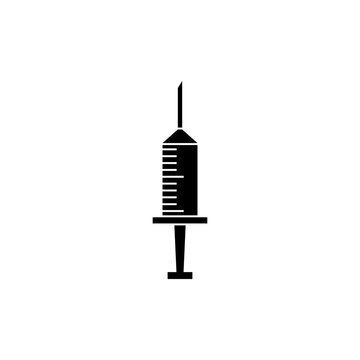 This is a minimalist vector illustration of a Syringe icon, featuring a simple, clean, and solid glyph style. The icon can be used as a symbol, sign, or logo.