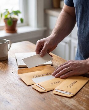Man uses envelope budgeting system for household expenses