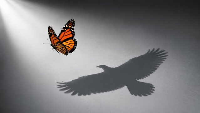 A monarch butterfly flying in a spotlight casting an eagle shadow on a gray surface with butterfly flies beam