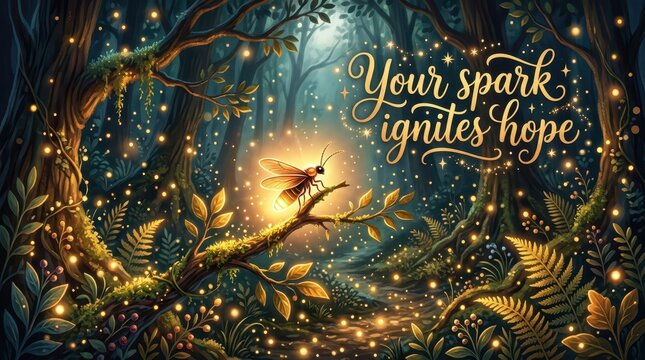 Magical Forest at Night with Firefly and Inspiring Quote "Your spark ignites hope", Enchanted Woods Atmosphere