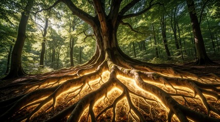 Naklejka premium Magical forest with giant tree, glowing golden roots. Radiant light pulses through forest floor among green trees. Enchanted woodland landscape features luminescent energy spreading under old wood.