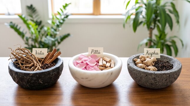Ayurvedic Three Doshas balance concept with herbs and spices for Vata, Pitta, Kapha
