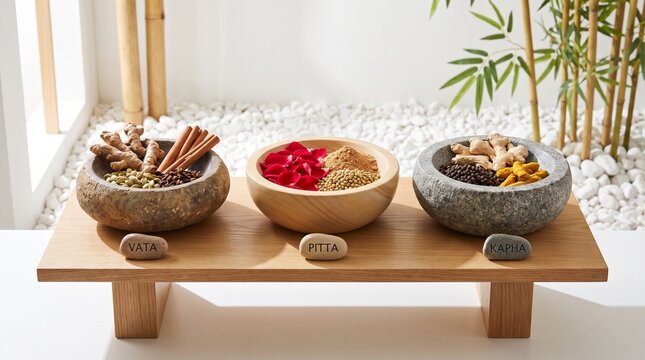 Ayurvedic Three Doshas balance concept with herbs and spices for Vata, Pitta, Kapha