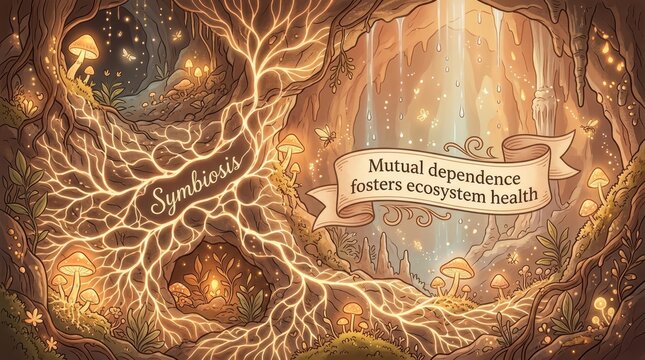 Magical forest cave with glowing symbiotic roots and mushrooms, highlighting mutual dependence and ecosystem health concept