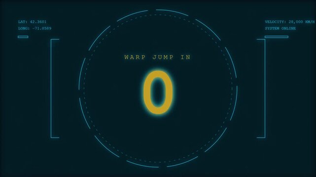 Futuristic Spaceship HUD Interface with Digital Countdown and Warp Jump Text on Dark Background