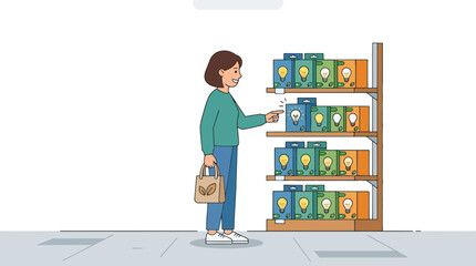 Obraz premium Woman chooses energy efficient light bulbs from a store shelf, illustration of smart shopping for eco friendly products