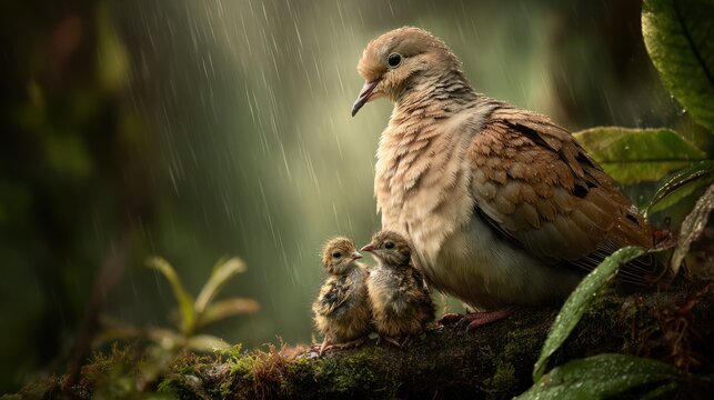 Family of doves perched in lush greenery with soft light and details