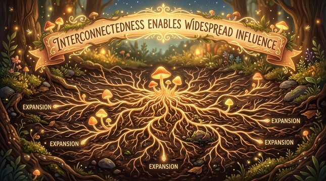 Magical Forest Ecosystem with Glowing Roots and Mushrooms Illustrating Interconnectedness and Widespread Influence