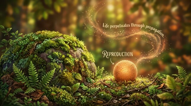 Magical forest depiction of reproduction and life perpetuation with a glowing spore and mossy terrain