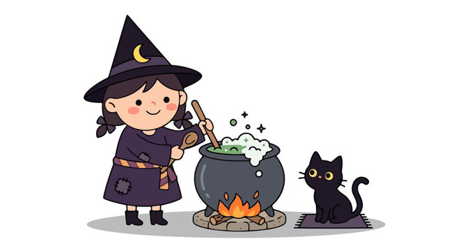 Cute cartoon witch stirring cauldron with black cat watching on white background