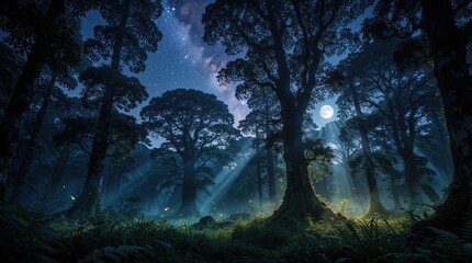 Naklejka premium Moonlit forest scene with towering trees and starry sky. Rays of light pierce canopy illuminating ground mist and tiny glowing insects. Dreamlike atmosphere.