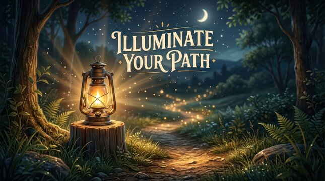 Magical forest path illuminated by an old lantern at night with fairy lights and a crescent moon, symbolizing guidance and hope