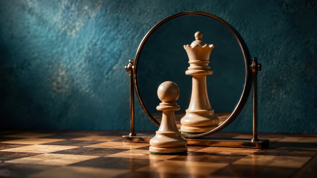 Chess pawn standing in front of a mirror reflecting a queen piece on a wooden board with before circular mirror
