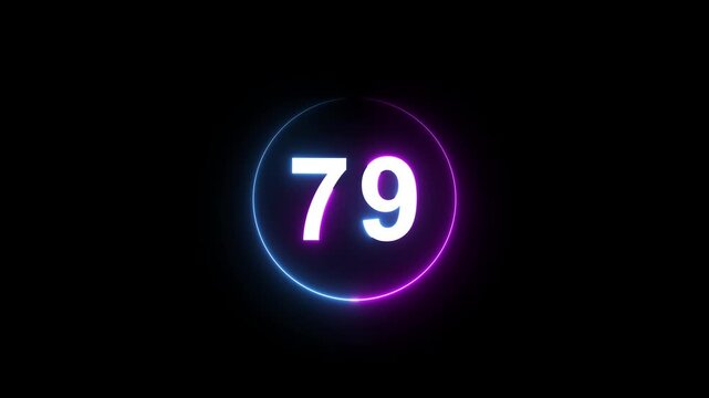 A dynamic circular animation, and glowing count neon number 79 animation . on a black background. and creating a stunning 4k video.