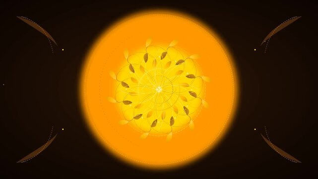 Golden circular floral batik line drawing animation featuring a glowing central orb and symmetric geometric patterns on a dark background, 4K luxury abstract motion graphics.
