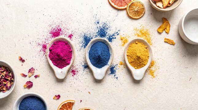 Natural vibrant dehydrated superfood powders including pitaya, mango and blue spirulina