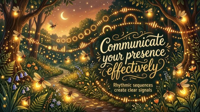 Magical forest path illuminated by fireflies and fairy lights with inspirational quote