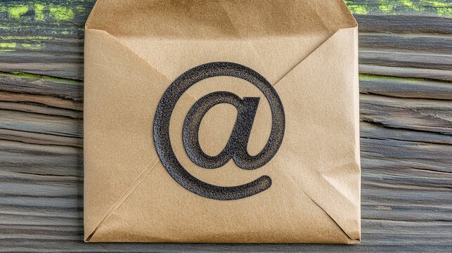 Brown kraft paper envelope featuring a large black at symbol on a rustic wooden surface