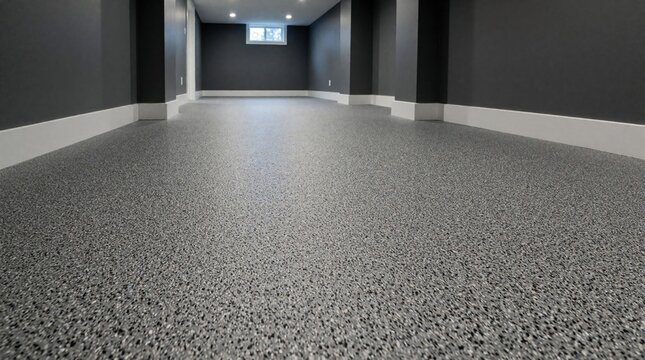 Grey speckled rubber flooring in empty basement. Modern dark walls with white baseboards create minimalist interior. Subtle recessed ceiling light illuminates large room. Durable epoxy coating